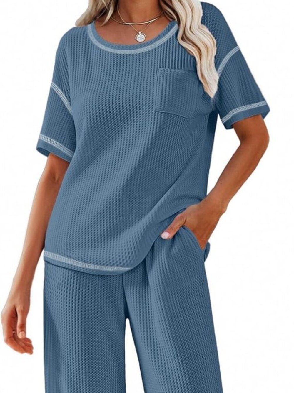 NWOT Two Piece Summer Waffle Knit Lounge Set - Size L - Blue